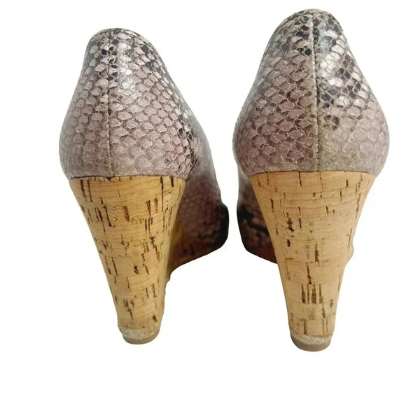 Prada Bow Leather Cork Wedge Peep Toe Pumps Snake Print Size 37.5 3KZ015 - Picture 4 of 13